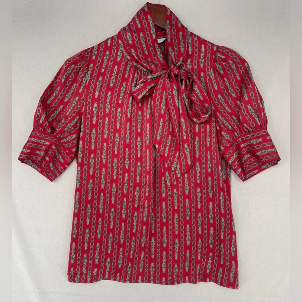 Banana Republic Red Chain Print Tie Neck Blouse